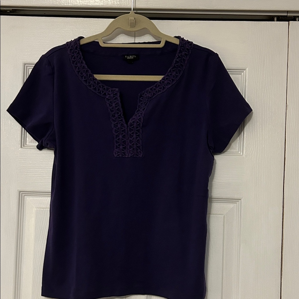 Liz Claiborne Deep Purple Short Sleeve Top with Crochet Trim